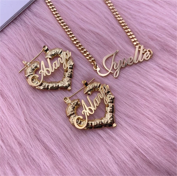 Personalized Name Necklace and Heart Shaped Name Bamboo Earrings Set-silviax