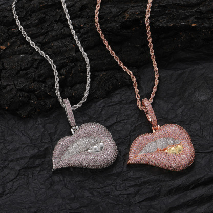 Hip Hop Style Iced Out Zirconia Bling Lip Kiss Pendant Necklace-silviax