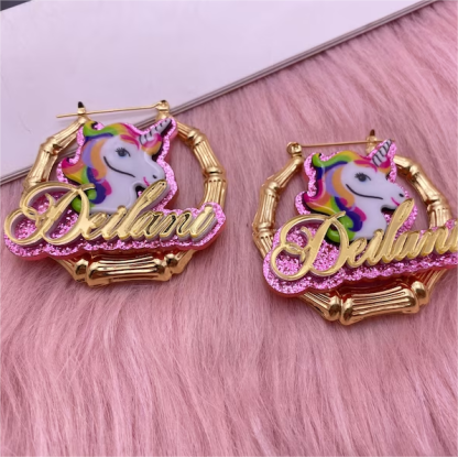 Acrylic Unicorn Nameplate Personalized Gold Plated Bamboo Earrings-silviax