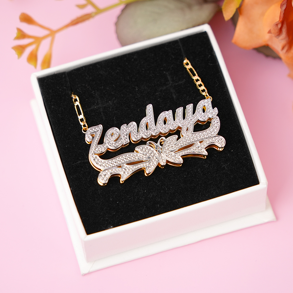 Double Layer Two Tone Butterfly Nameplate Gold Plated Personalized Custom Name Necklace-silviax