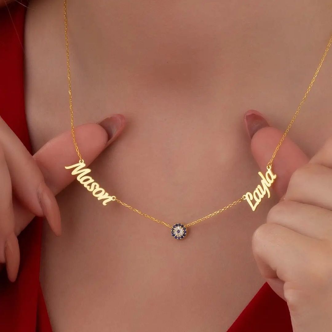 Personalized Gold Plated Blue Eye Pendant Two Name Necklace Women Gift-silviax