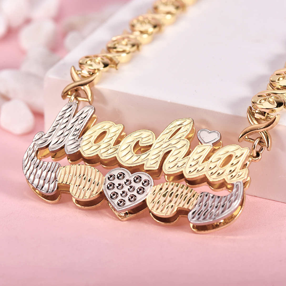 Double Layer Two Tone XOXO Chain with Heart Personalized Custom Gold Plated Name Necklace