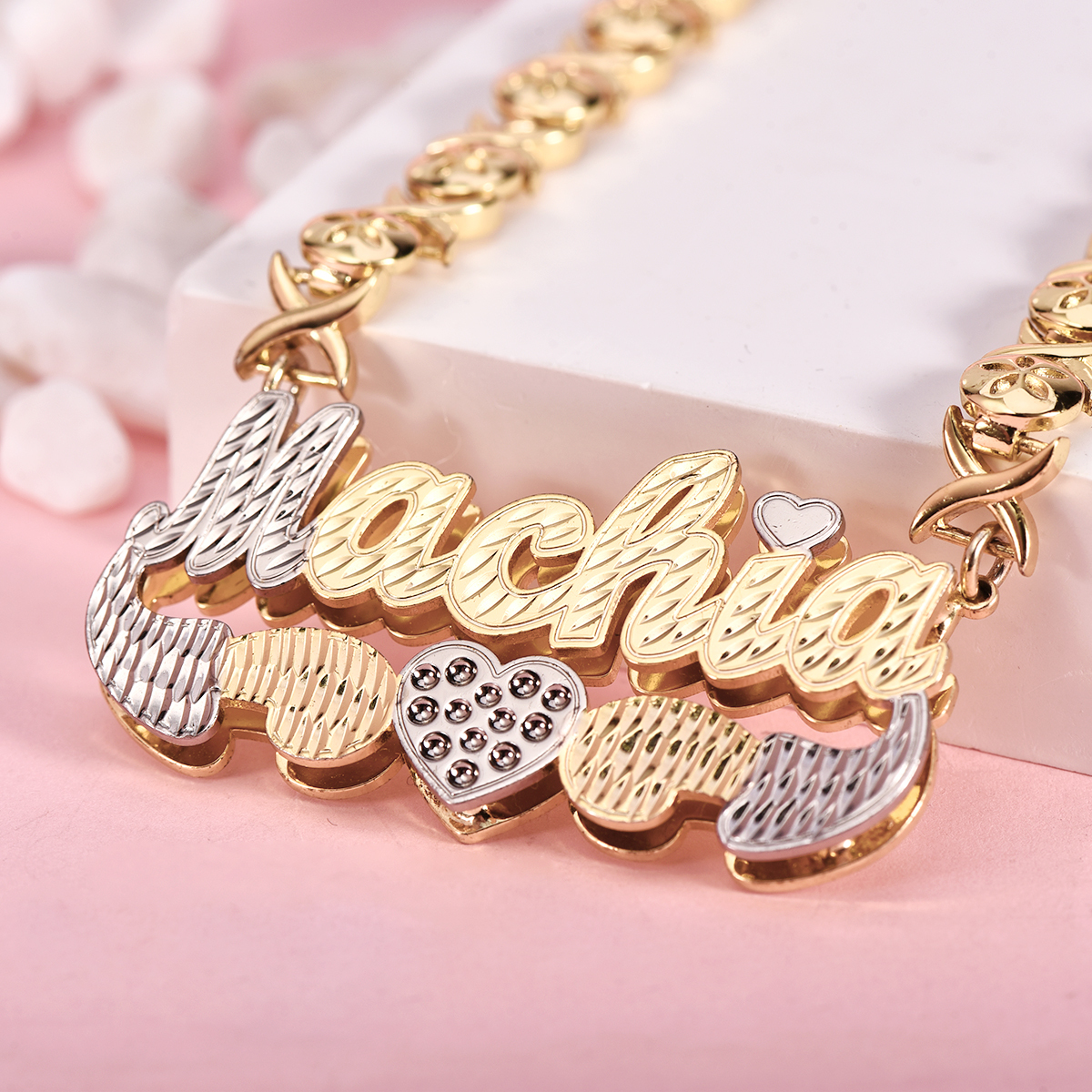 Double Layer Two Tone XOXO Chain with Heart Personalized Custom Gold Plated Name Necklace-silviax