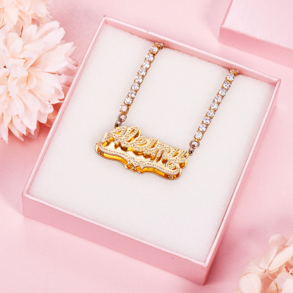 Double Plate Nameplate Heart with Tennis Chain Personalized Custom Gold Plated Name Necklace-silviax