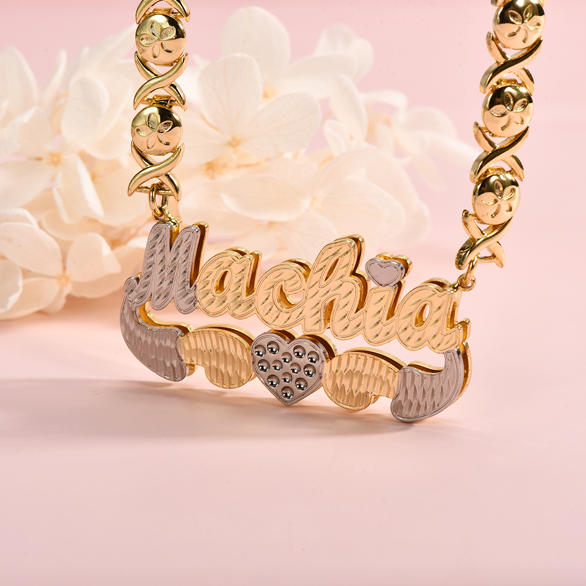 Double Layer Two Tone XOXO Chain with Heart Personalized Custom Gold Plated Name Necklace