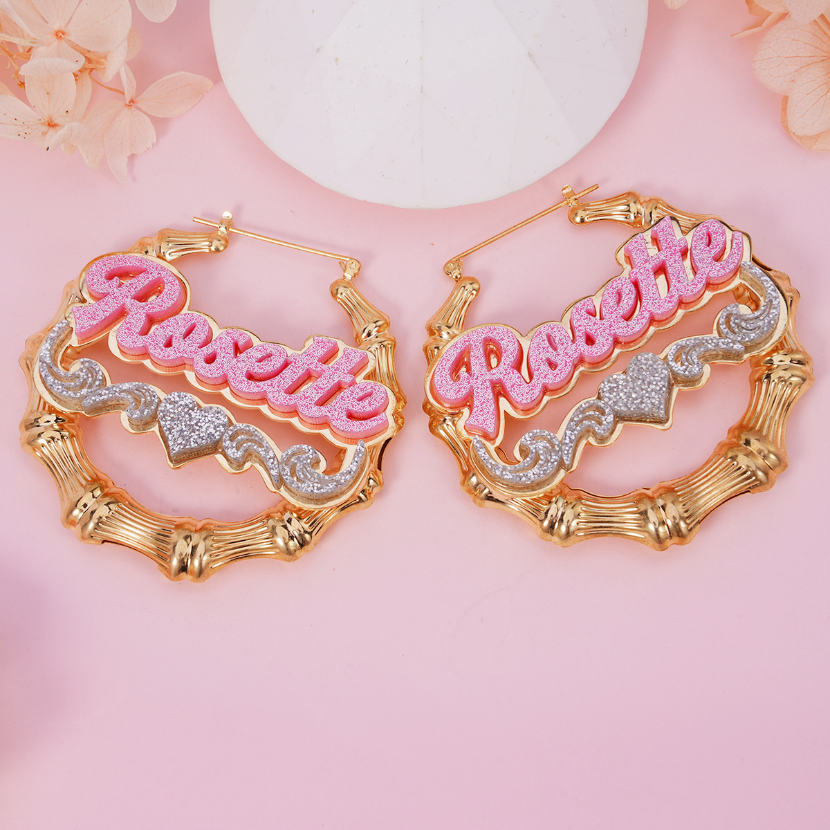 Double Plate Pink Acrylic Nameplate Personalized Custom Name Bambom Earrings