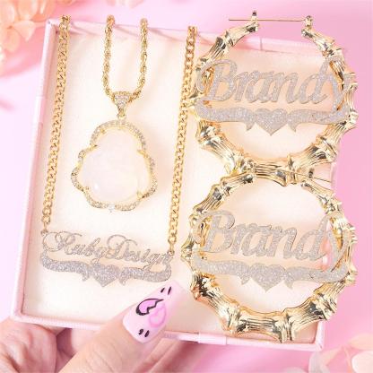 Acrylic Love Jewelry Set 3pcs Buddha Necklace Personalized Name Necklace And Bambom Earring