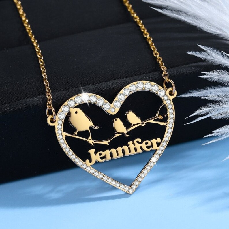 Love Birds Heart Nameplate Pendant Personalized Custom Gold Plated Name Necklace-silviax