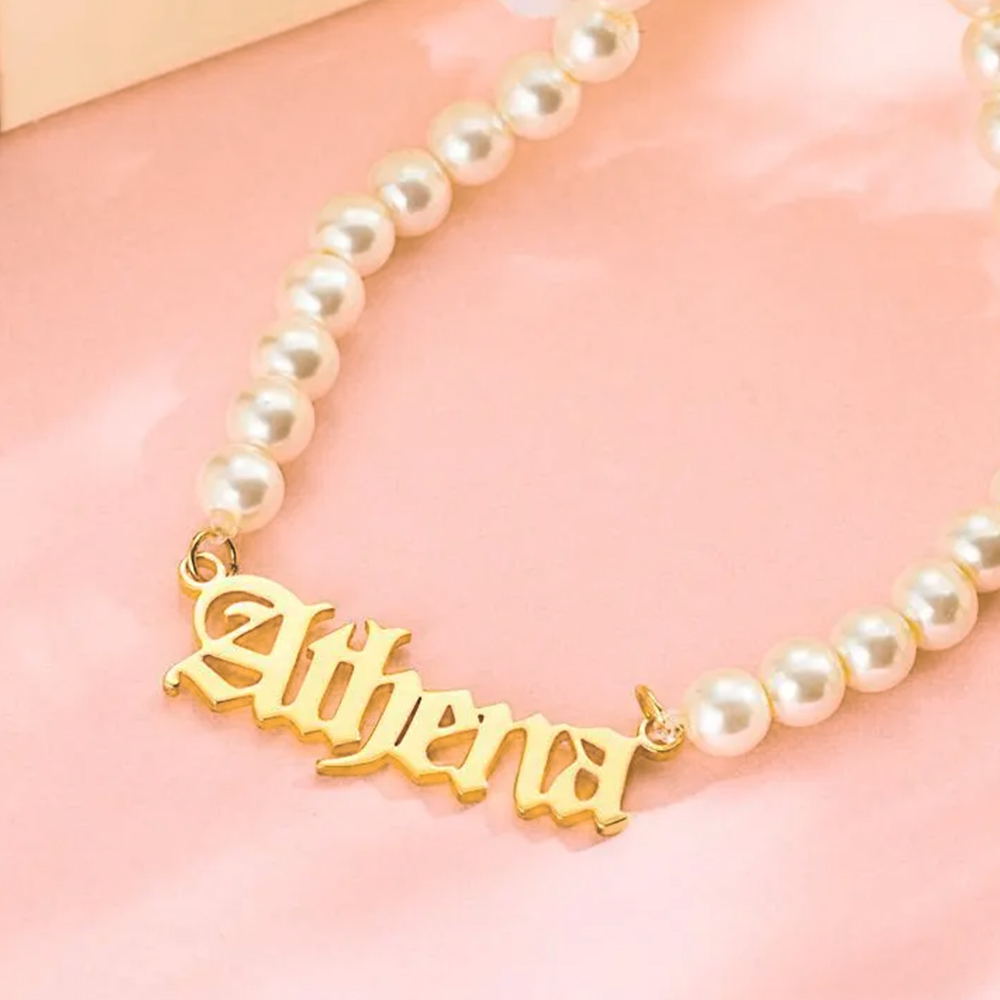 Gothic Pearl Chain Personalized Custom Gold Plated Name Necklace-silviax