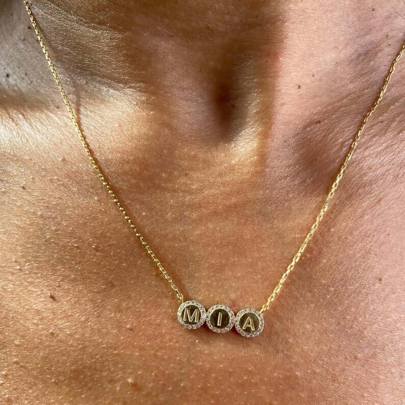 Three Initials Round Inlaid Zircon Personalized Custom Gold Plated Initial Necklace-silviax