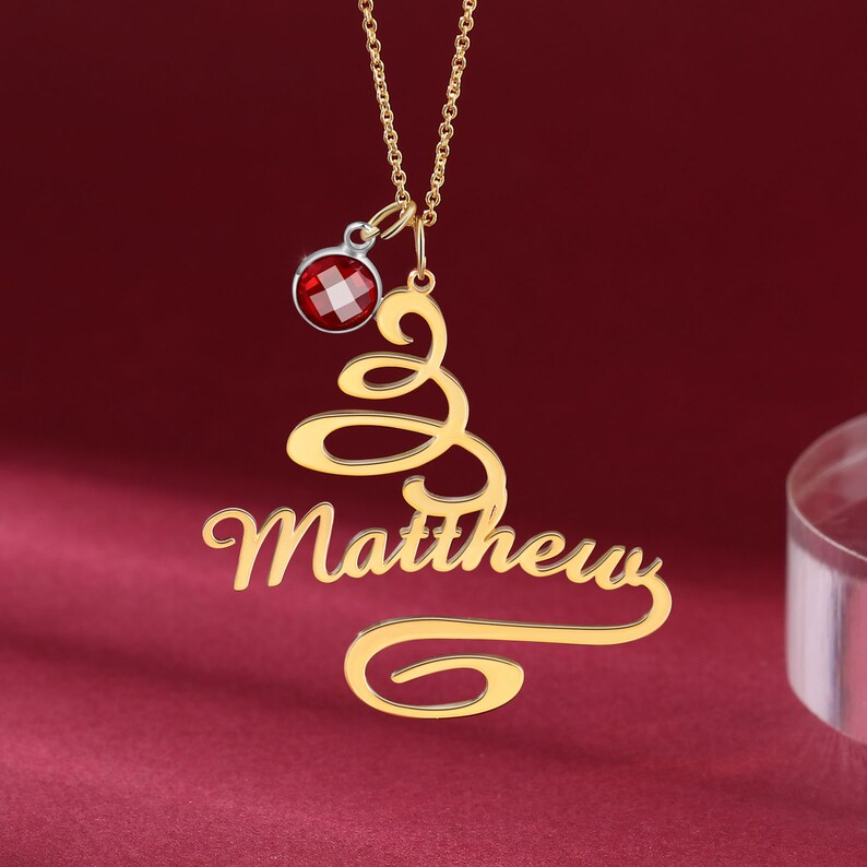 Christmas Tree Nameplate with Birthstone Gold Plated Personalized Custom Name Necklace