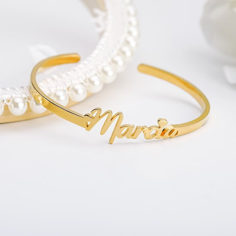 Heart Nameplate Personalized Custom Gold Plated Name Bangle Bracelet