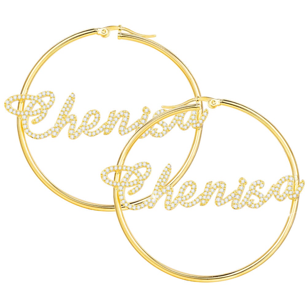 Rhinestone Hoop Name Earrings Personalized Custom Gold Plated-silviax
