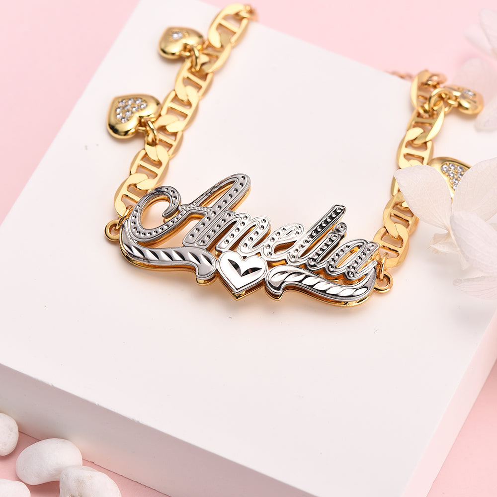 Double Layer Personalized Heart Nameplate With Heart Pendant Custom Name Bracelet-silviax