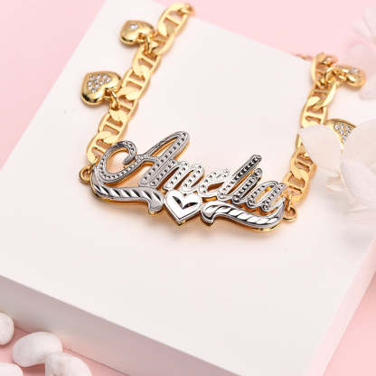 Double Layer Personalized Heart Nameplate With Heart Pendant Custom Name Bracelet-silviax