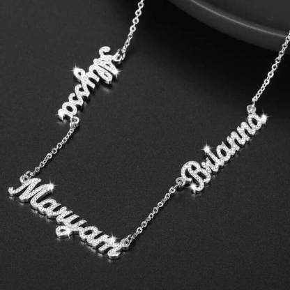 Three Names Inlaid Zircon Nameplate Pandant Personalized Custom Gold Plated Name Necklace-silviax