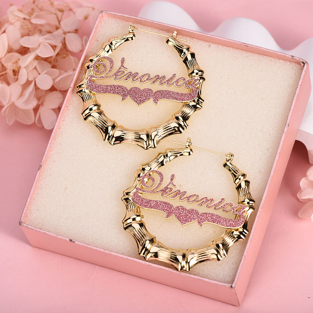Pink Color Nameplate with Heart Personalized Custom Bling Bamboo Name Earrings