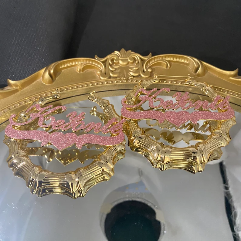 Pink Color Nameplate with Heart Personalized Custom Bling Bamboo Name Earrings Mother Gift-silviax