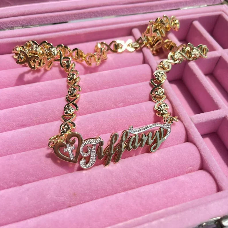 Heart and Cross Two Tone Personalized XOXO Name Necklace Nurse Gift-silviax