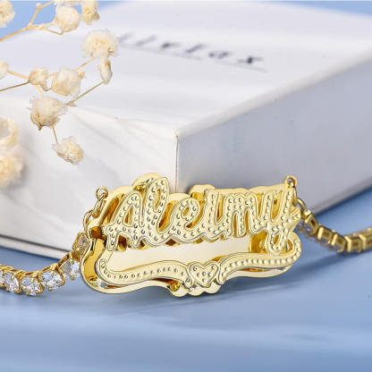Double Plate Nameplate Heart with Tennis Chain Personalized Custom Gold Plated Name Necklace-silviax