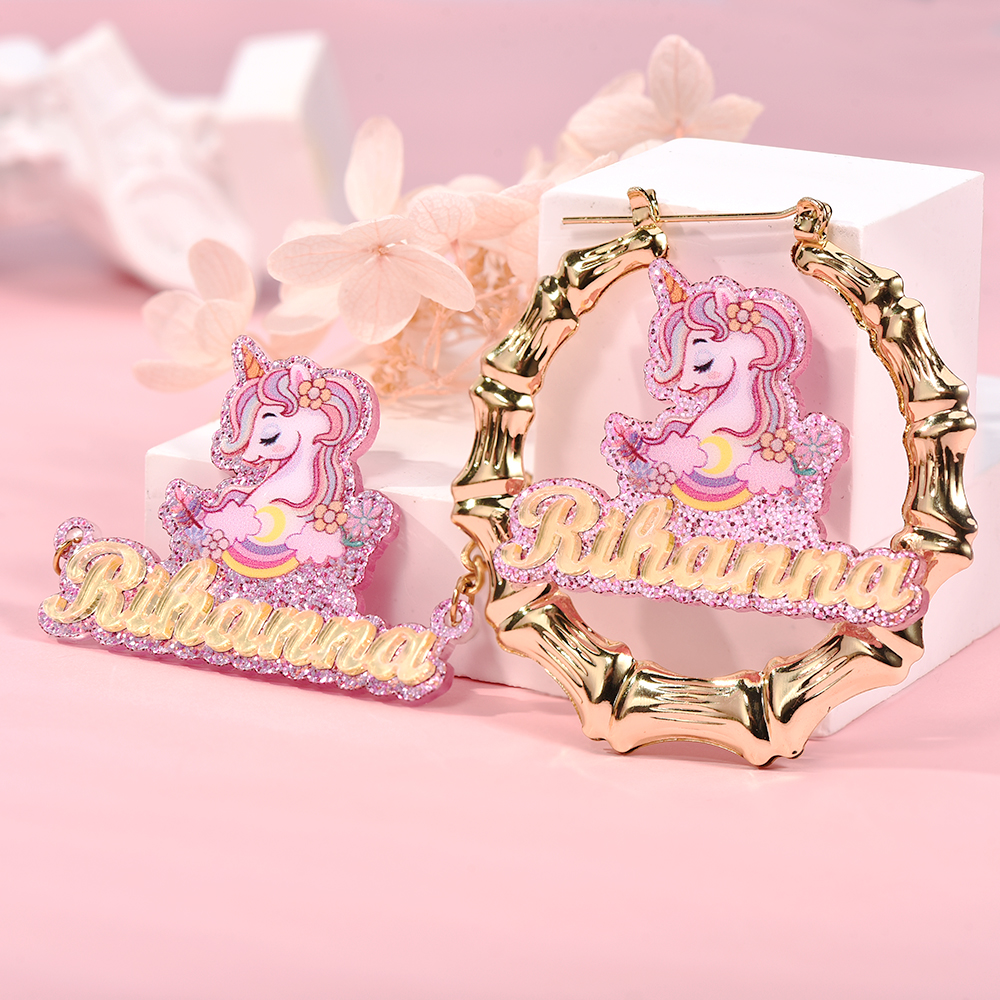 Pink Acrylic Unicorn Nameplate Jewelry Set Personalized Name Necklace and Bamboo Earrings