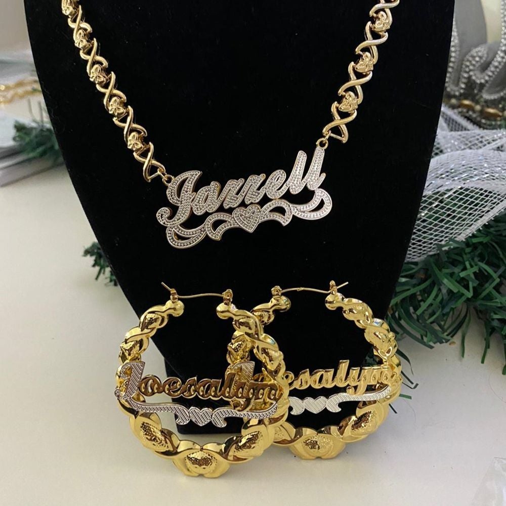 name necklace and earrings