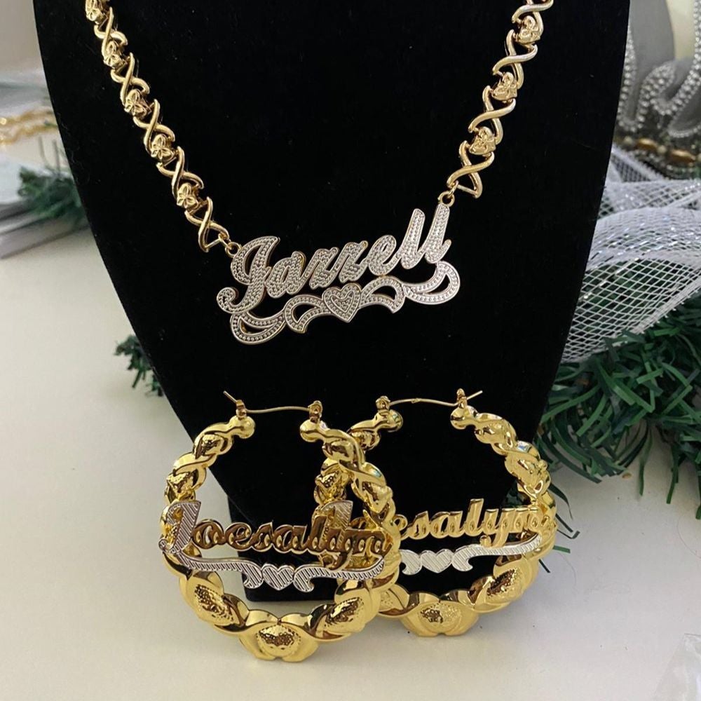Double Layer Two Tone Personalized Custom Gold Plated XOXO Chain Name Necklace and XOXO Bamboo Hoop Name Earrings Set-silviax