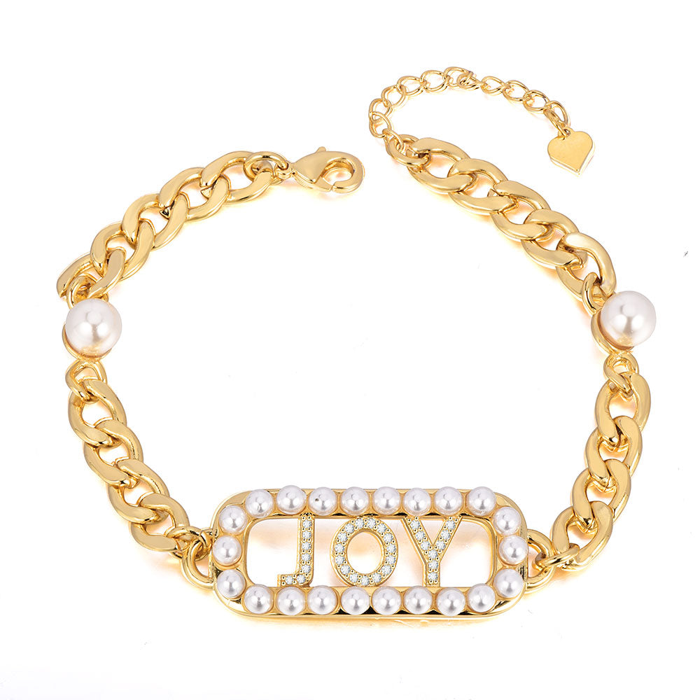 Capital Letter Inlaid Zircon Pearl Chain Personalized Custom Gold Plated Name Bracelet-silviax
