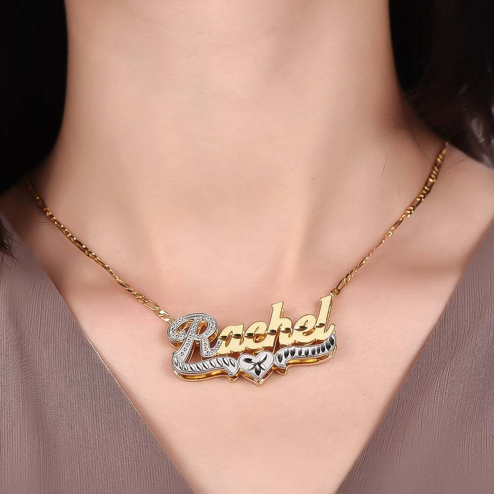 Double Layer Two Tone Heart Nameplate Personalized Custom Gold Plated Name Necklace-silviax