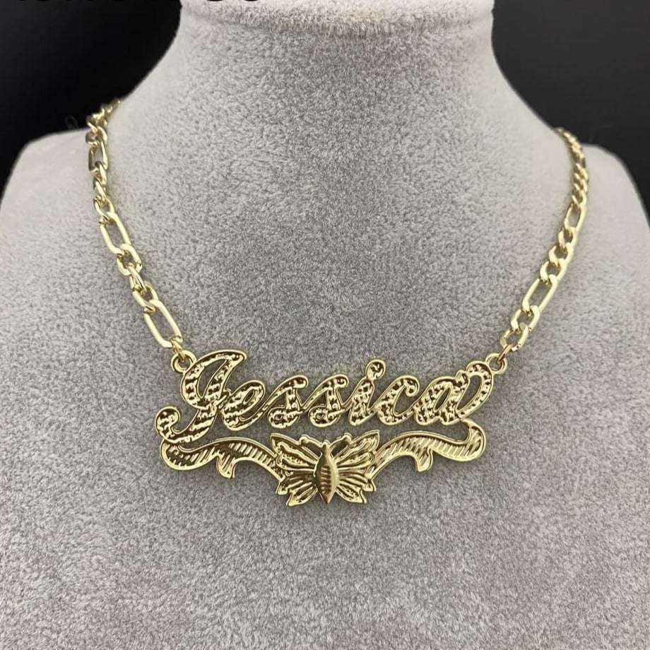 Double Layer Butterfly Nameplate Pendant Personalized Custom Gold Plated Name Necklace-silviax