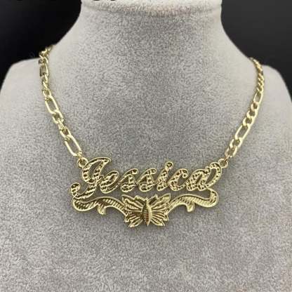 Double Layer Butterfly Nameplate Pendant Personalized Custom Gold Plated Name Necklace-silviax