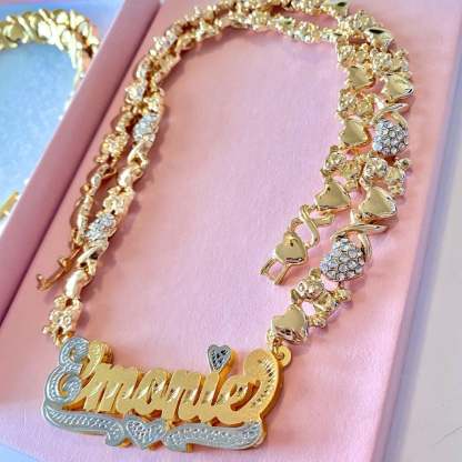 Teddy Heart XOXO Chain Double Layer Two Tone with Heart Personalized Custom Gold Plated Name Necklace-silviax