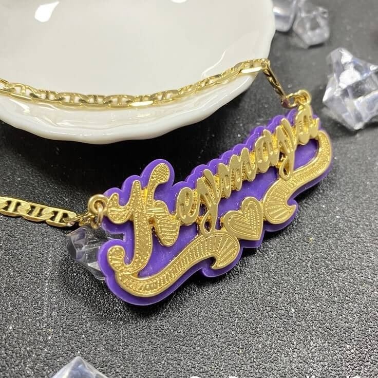 Purple Acrylic with Heart Double Layer Personalized Custom Gold Plated Name Necklace-silviax