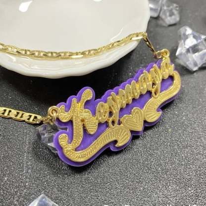 Purple Acrylic with Heart Double Layer Personalized Custom Gold Plated Name Necklace-silviax