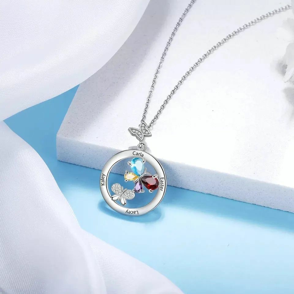 Circle 4 Names Butterfly Pendant Personalized Custom Name Necklace with Birthstone Women Family Gift