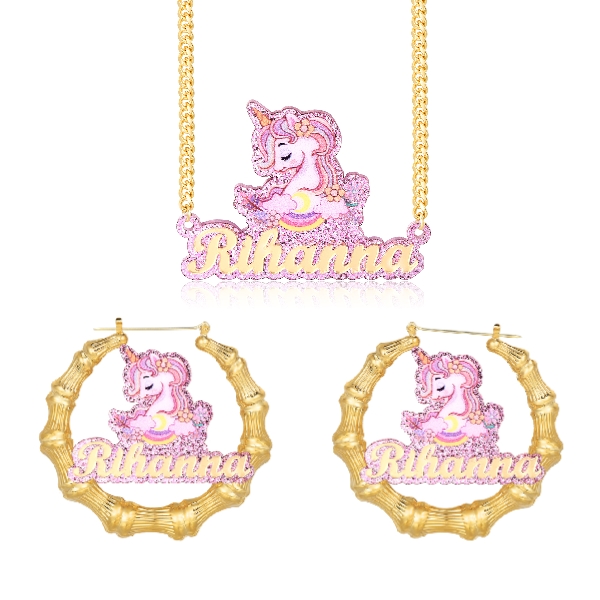 Pink Acrylic Unicorn Nameplate Jewelry Set Personalized Name Necklace and Bamboo Earrings-silviax