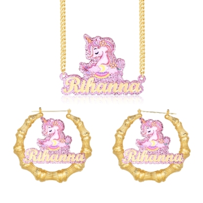 Pink Acrylic Unicorn Nameplate Jewelry Set Personalized Name Necklace and Bamboo Earrings-silviax