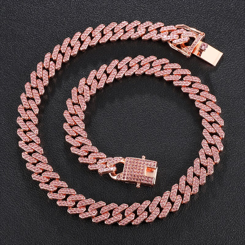 12mm Rose Gold Cuban Chain 2 Row Iced Out Bling Rhinestone Zircon Pave Necklace-silviax