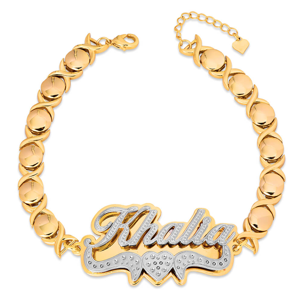Double Plate Two Tone Heart Nameplate Personalized Custom Gold Plated Name Bracelet XOXO Chain-silviax