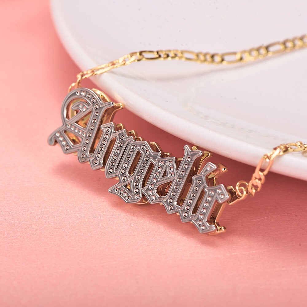 Double Layer Two Tone Old English Font Nameplate Personalized Custom Gold Plated Name Necklace-silviax