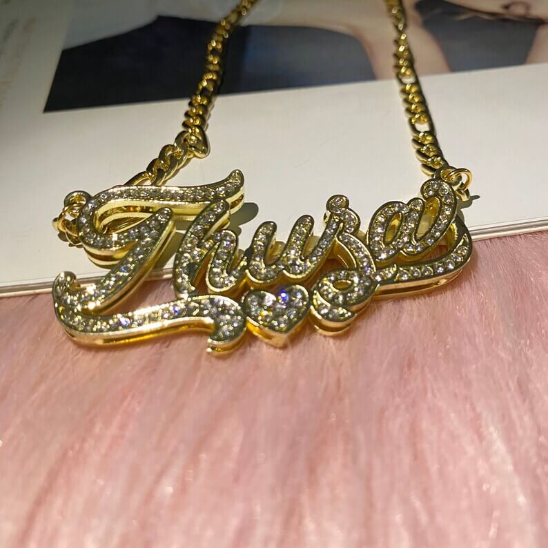 Double Layer Heart Inlaid Zircon Personalized Custom Gold Plated Name Necklace-silviax
