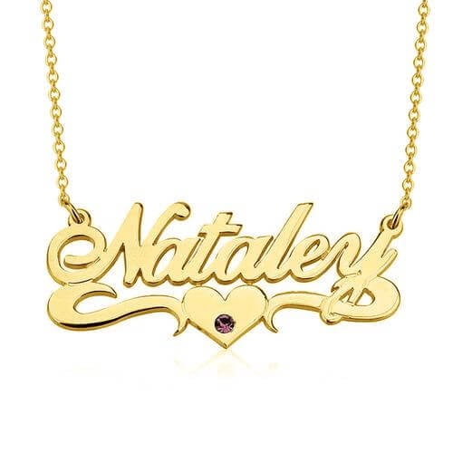 Gold Plated  Personalized Birthstone Name Necklace With Underline Hearts-silviax