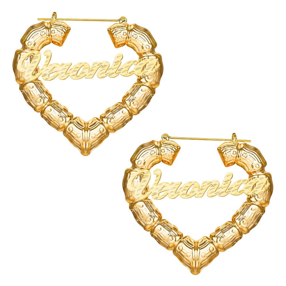 Heart Bamboo Gold Plated Personalized Custom Name Bamboo Earrings-silviax