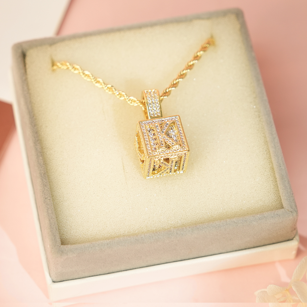 Hip Hop Box Letter Personalized Custom Cubic Zircon Initial Name Necklace-silviax