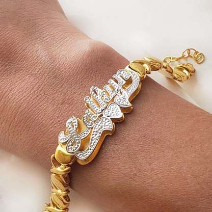Double Plate Two Tone Heart Nameplate Personalized Custom Gold Plated Name Bracelet XOXO Chain-silviax
