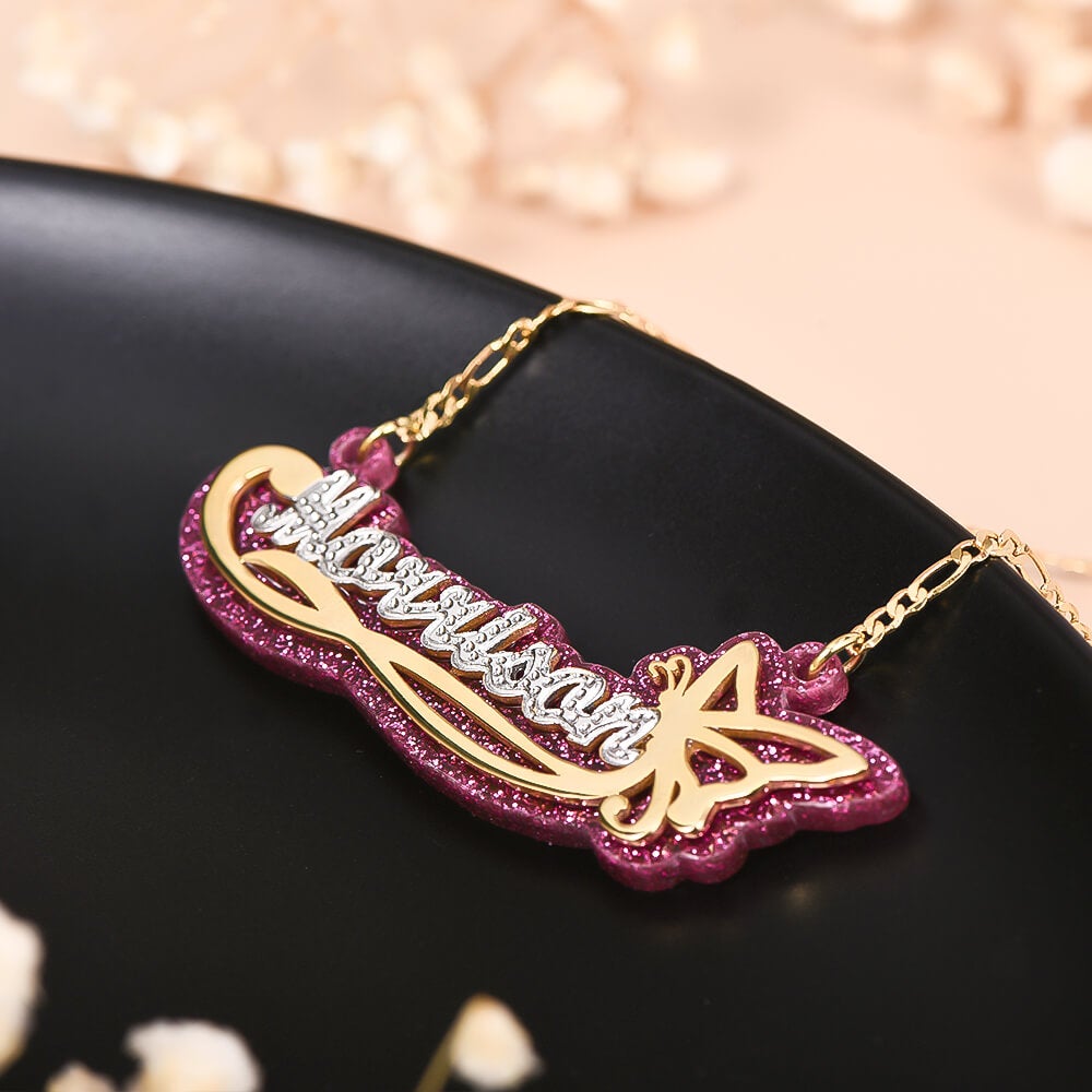 Acrylic Double Layer Two Tone Butterfly Personalized Custom Gold Plated Name Necklace-silviax