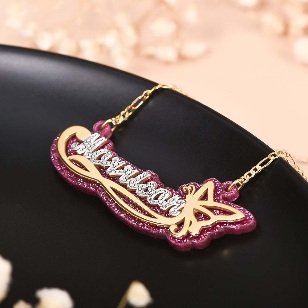 Acrylic Double Layer Two Tone Butterfly Personalized Custom Gold Plated Name Necklace-silviax