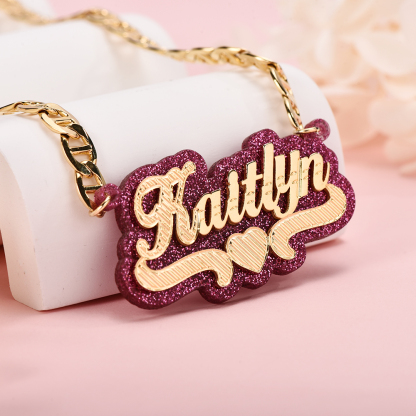 Pink Acrylic Double Layer Heart Personalized Custom Gold Plated Name Necklace-silviax