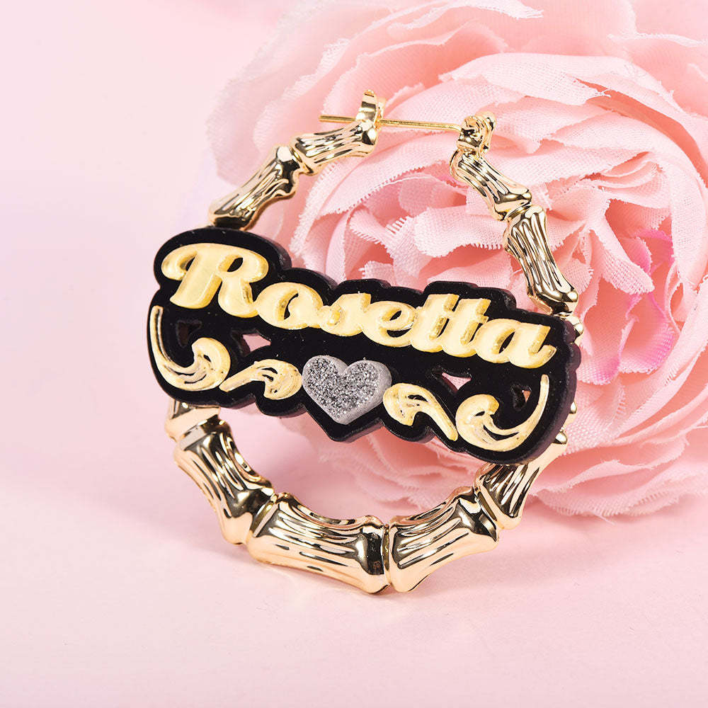 Acrylic Earrings with Heart Two Tone Personalized Custom Bamboo Name Earrings-silviax
