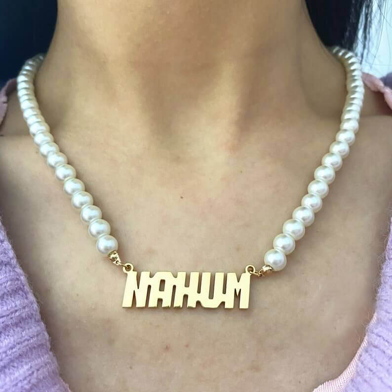 Capital Letter Nameplate Pendant With Pearl Chain Personalized Custom Gold Plated Name Necklace-silviax
